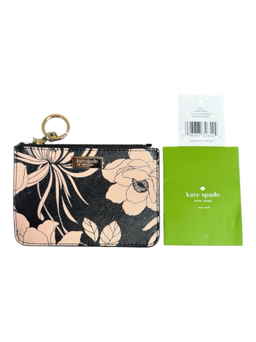 kate spade Black and Pink Floral Cardholder with Gold Keyring